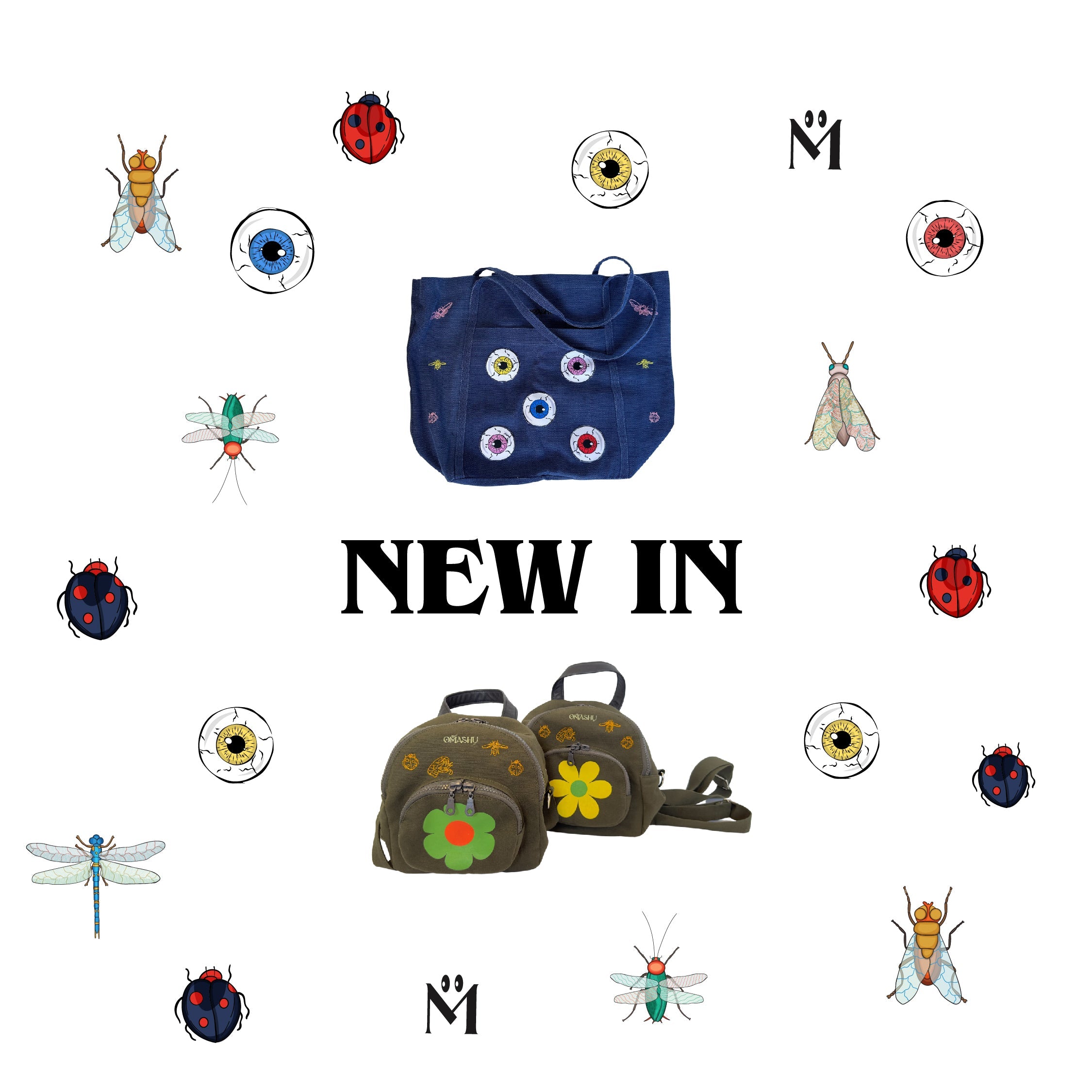 Omashu Eye tote bag and crossbody backpack with word 'New In' written in between them. background is white with insects and Omashu logo scattered