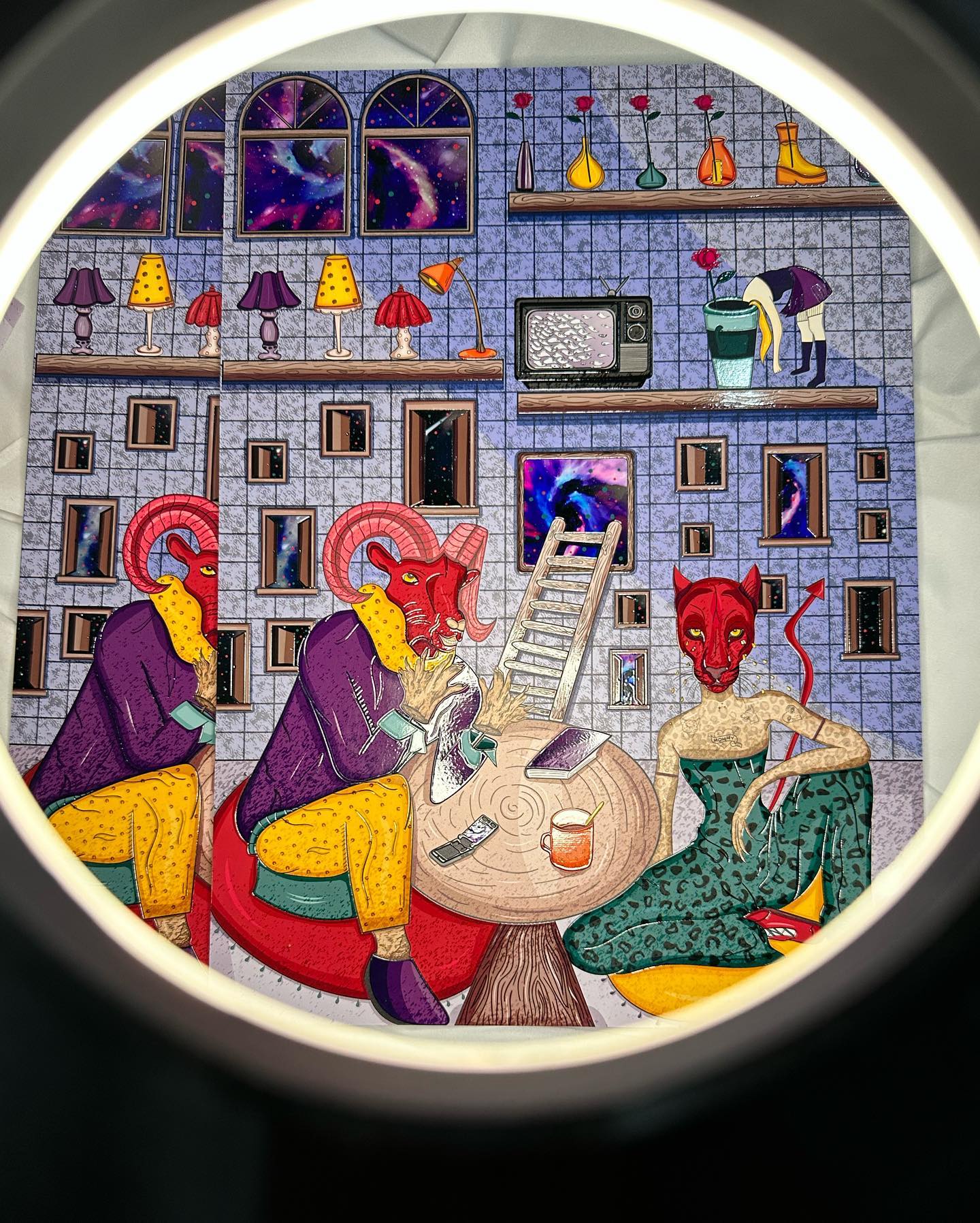 Colorful and surreal artwork in circular frame depicting three figures with animal heads and human bodies sitting in room with tiled floor and brick walls, wearing colorful clothes and engaged in various activities such as playing guitar, reading book, and climbing ladder with various objects such as lamps, books, and plants in background and windows showing starry night sky.
