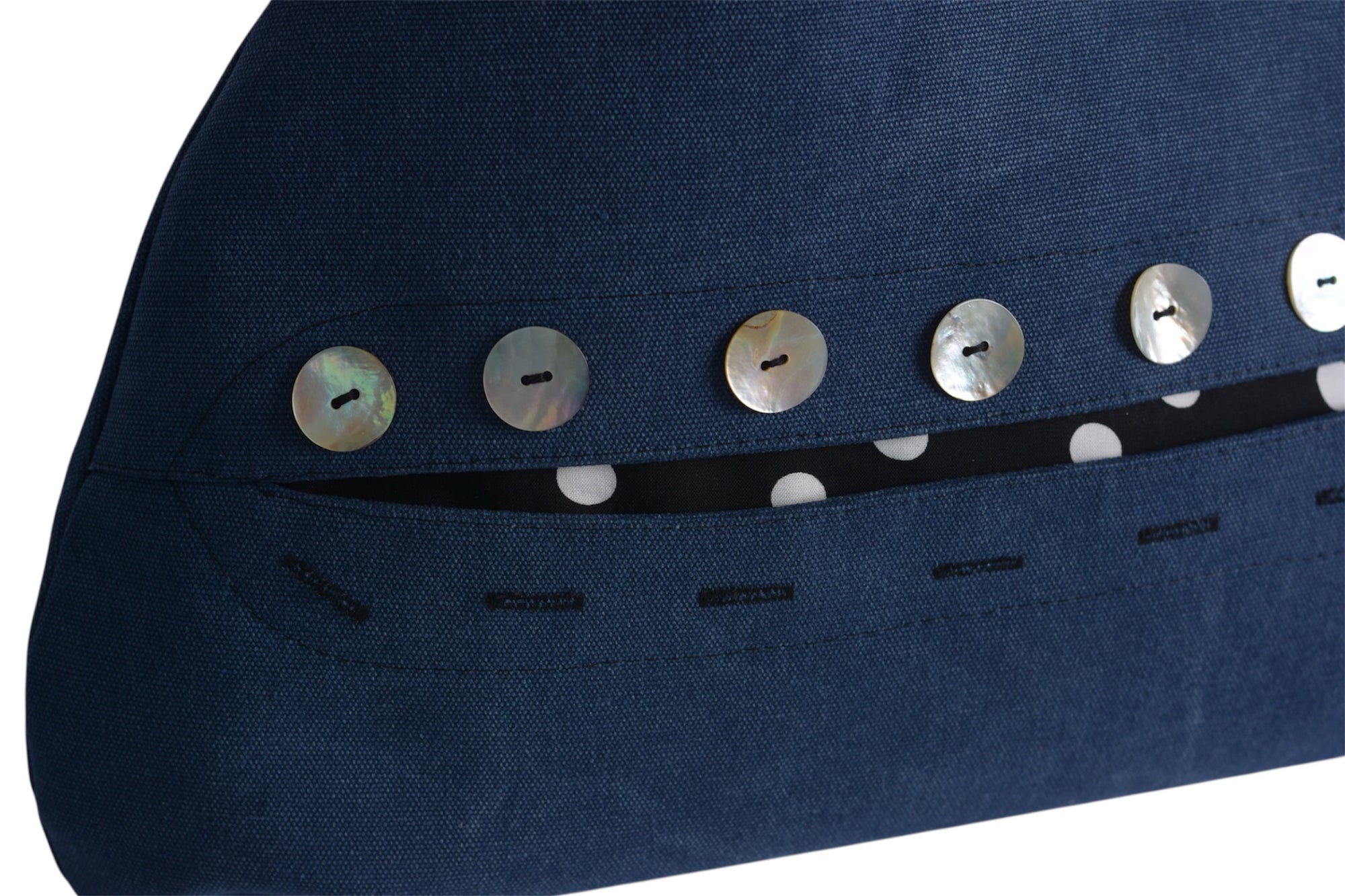 Close-up detail of the Omashu Sylvie Eclipse Bag in blue, showing the lustrous buttons, buttonholes, and the contrasting black and white polka dot lining revealed underneath.