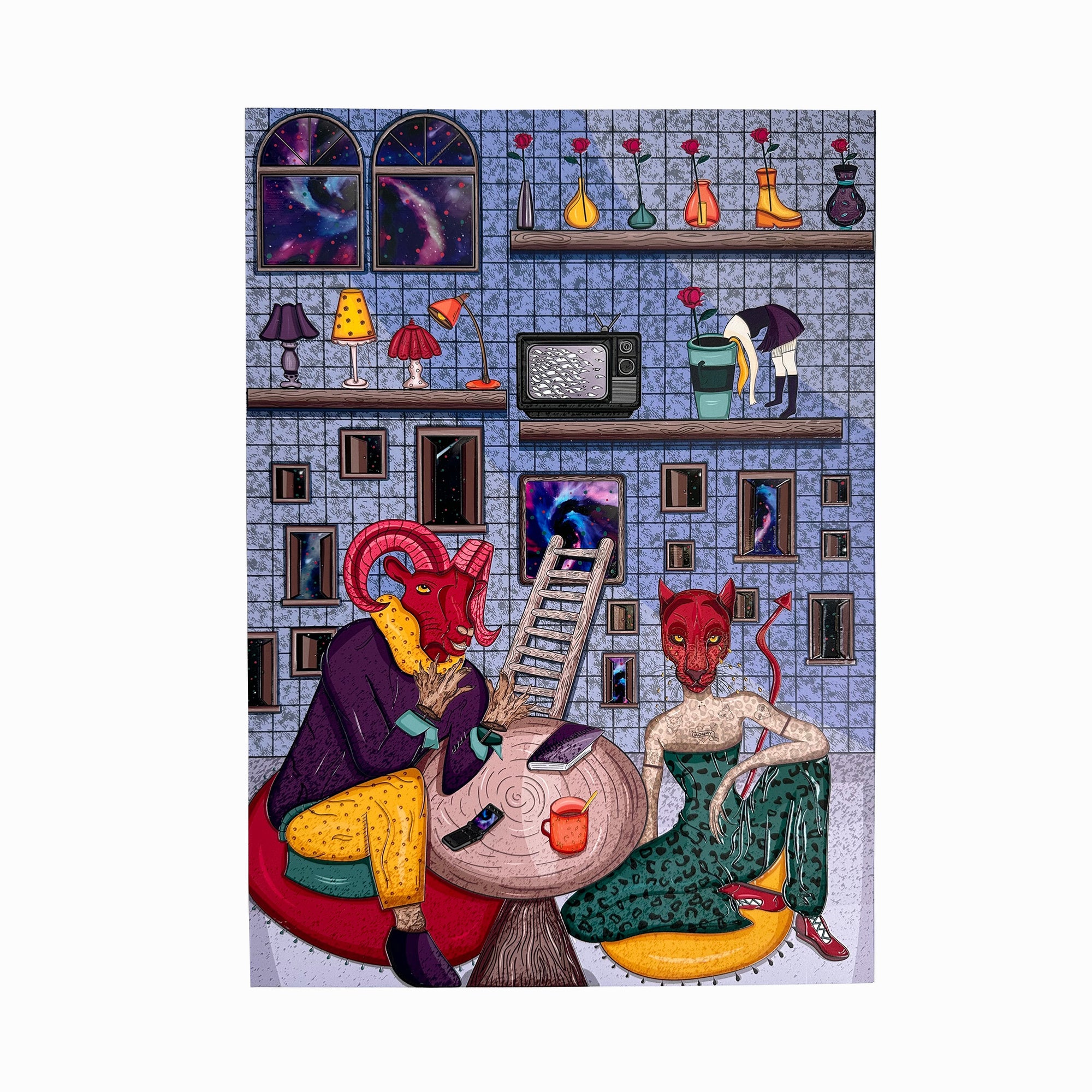 Illustration of surreal scene with anthropomorphic animals in room with tiled wall and floor, two arched windows with night sky visible, shelf with cat, lamp, and vase, television set on wall, ladder leaning against it, ram playing guitar, dog holding teapot, and mermaid-like creature.