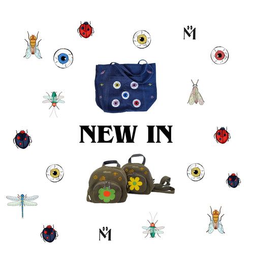 Omashu Eye tote bag and crossbody backpack with word 'New In' written in between them. background is white with insects and Omashu logo scattered