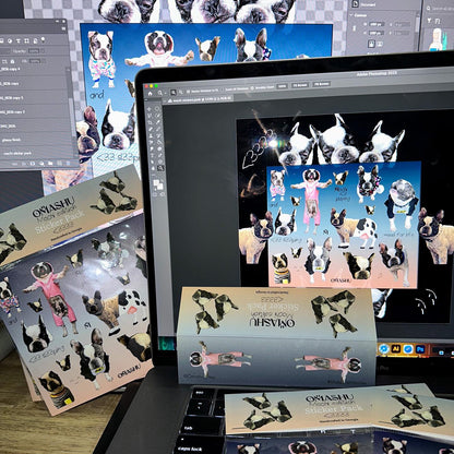 A sticker pack by Omashu with various designs of dog in different poses and costumes. The stickers are on different types of paper including glossy and matte. The background is a blurred image of a desk with a computer monitor and other design tools