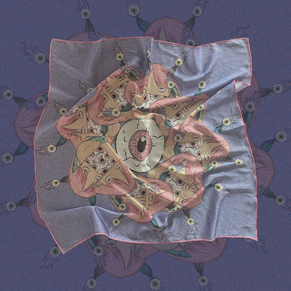 A blue silk scarf with a pink and white design in the center. The design in the center is an eye an spairaling faces around it.