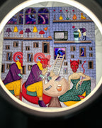 Colorful and surreal artwork in circular frame depicting three figures with animal heads and human bodies sitting in room with tiled floor and brick walls, wearing colorful clothes and engaged in various activities such as playing guitar, reading book, and climbing ladder with various objects such as lamps, books, and plants in background and windows showing starry night sky.