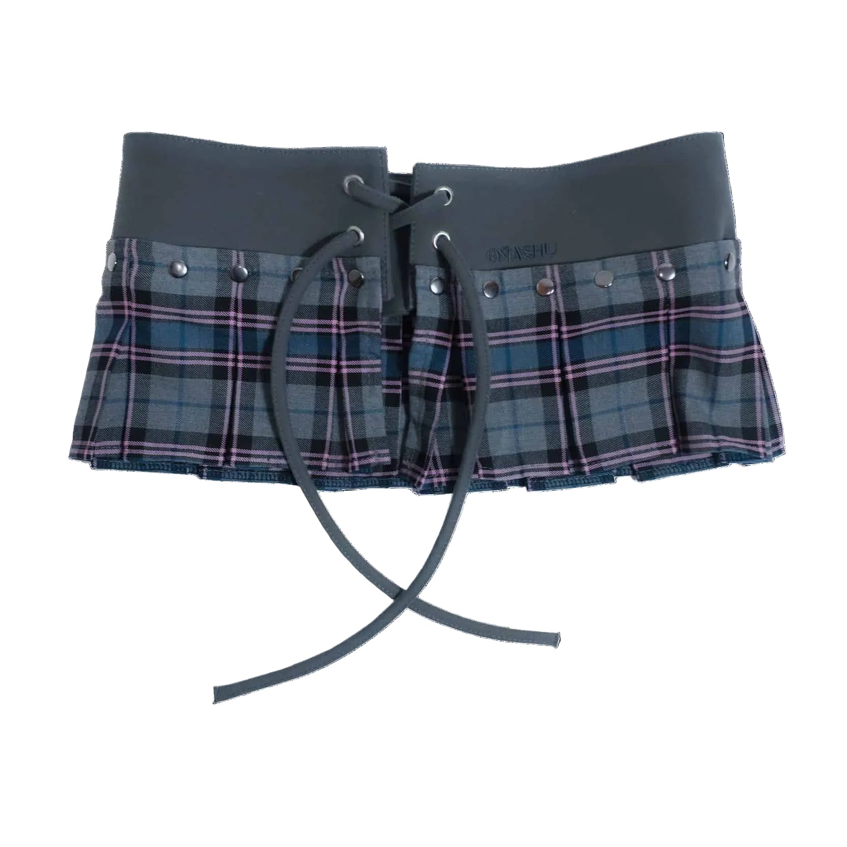 A cropped plaid mini skirt with a wide gray waistband, lace-up front, and pleated flared skirt, shown on a solid black background.