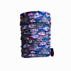 A colorful neck gaiter featuring an abstract pattern of various cartoon faces in different colors and expressions. The design includes overlapping faces with a mix of emotions, creating a busy and playful look.