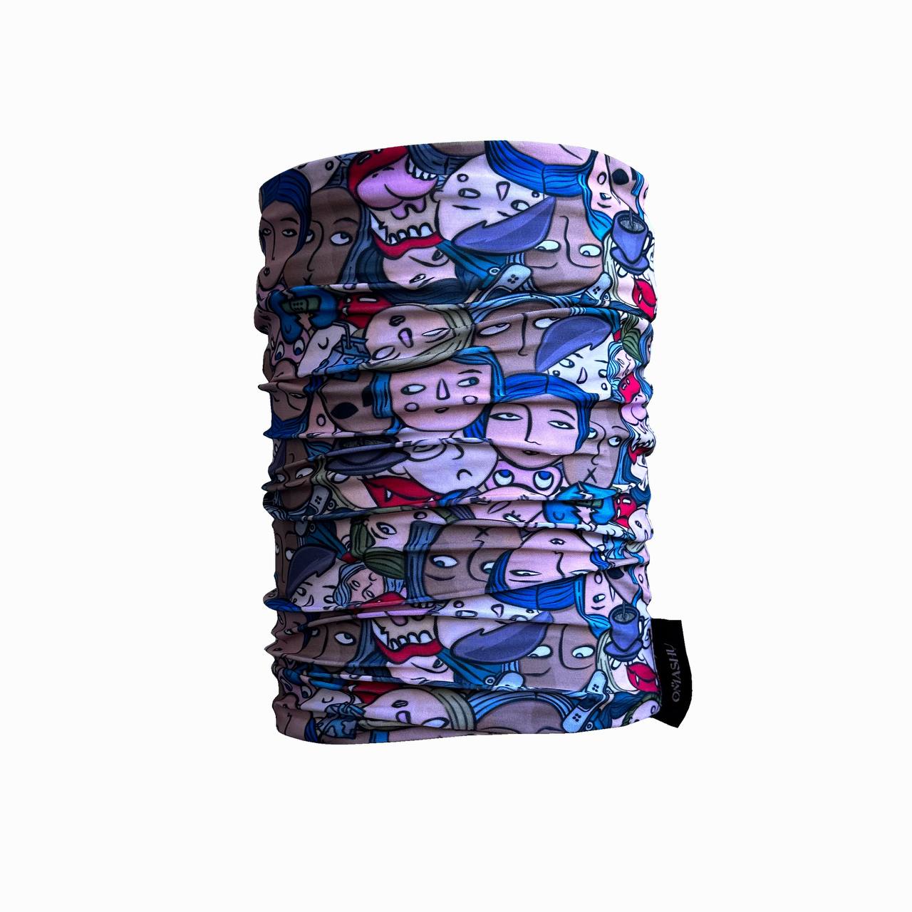 A colorful neck gaiter featuring an abstract pattern of various cartoon faces in different colors and expressions. The design includes overlapping faces with a mix of emotions, creating a busy and playful look.