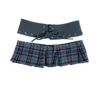 A two-piece schoolgirl-style skirt set featuring a pleated plaid skirt in blue, green, and pink with a matching wide lace-up belt, shown on a plain white background.