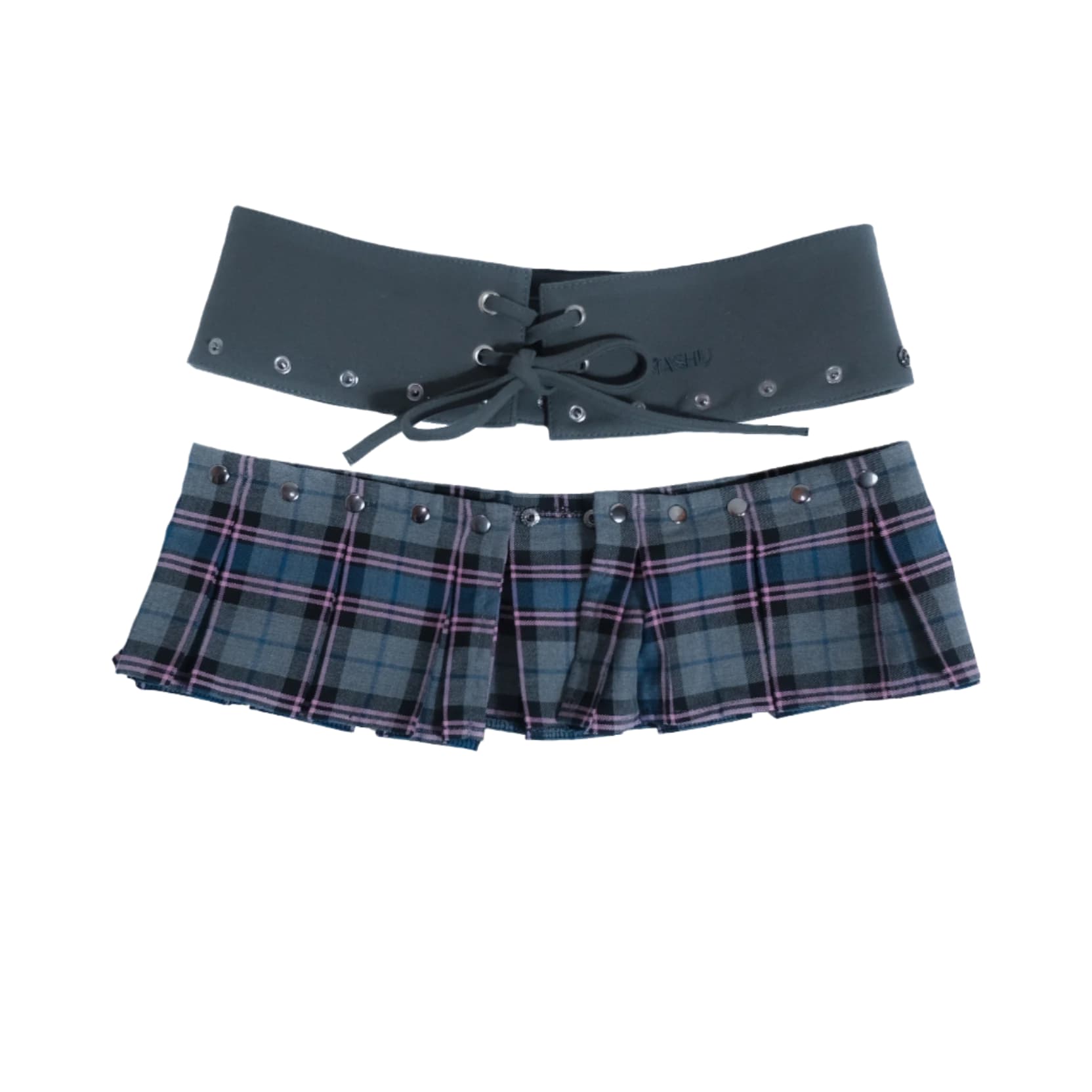 A two-piece schoolgirl-style skirt set featuring a pleated plaid skirt in blue, green, and pink with a matching wide lace-up belt, shown on a plain white background.