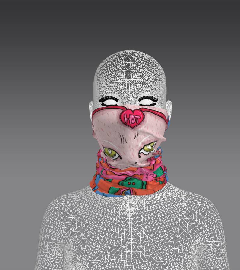 A digital mannequin wearing a vibrant neck gaiter with an illustration of a cartoon cat. The cat has green eyes, rosy cheeks, and wears a headband that says "HOT" inside a heart. The neck gaiter is bright and eye-catching, featuring bold colors like pink, purple, and red.