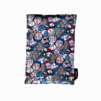 A rectangular piece of fabric with an abstract design featuring overlapping cartoon faces in various colors and expressions. The pattern is filled with busy details, showcasing a mix of emotions and character styles.
