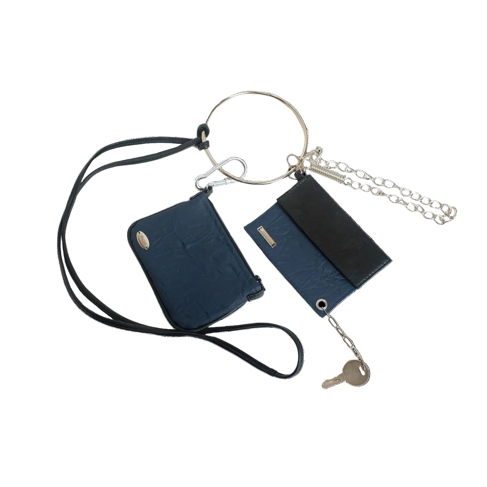 A dark blue leather keychain wallet set with silver-tone metal hardware, including a wrist strap, key ring, chain, and attached key, shown against a solid black background.