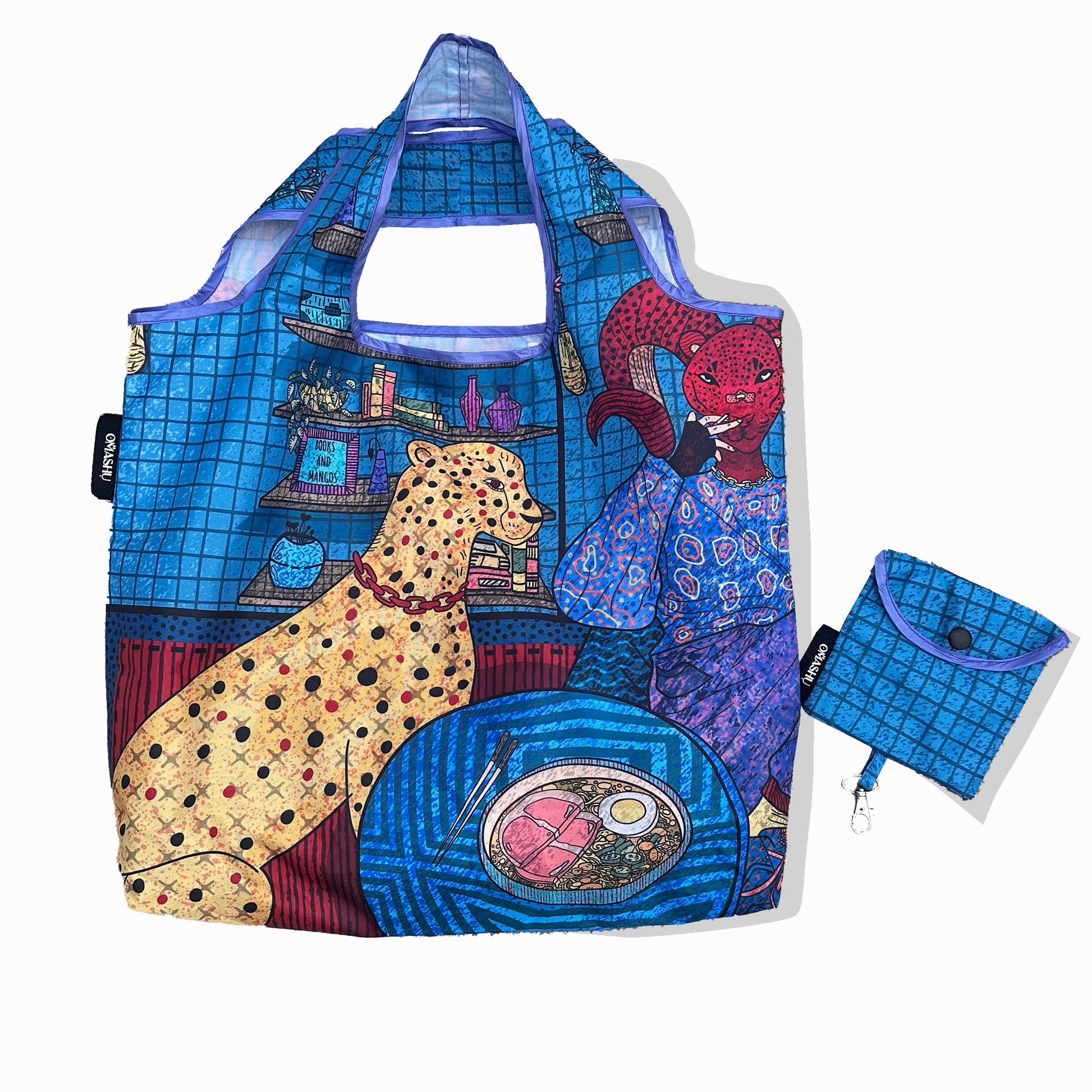 A Market bag with goat like character and a leopard with coordinating pouch.