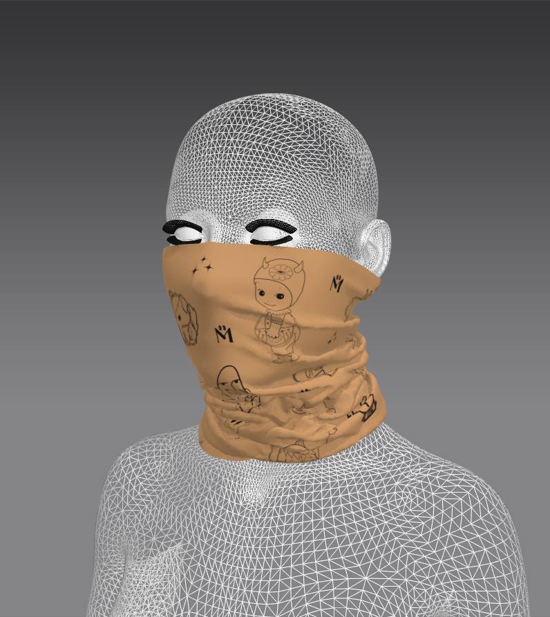 A digital mannequin wearing a beige neck gaiter featuring simple black line drawings of various cute characters, including a doll, animals, and a heart with the word "Mommy." The playful illustrations create a fun and quirky design.