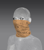 A digital mannequin wearing a beige neck gaiter featuring simple black line drawings of various cute characters, including a doll, animals, and a heart with the word "Mommy." The playful illustrations create a fun and quirky design.