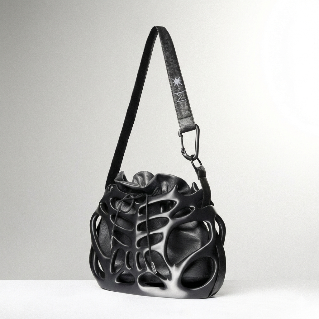 Black 3D-printed bag with unique design on a light gray background