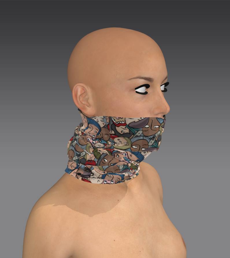 A digital mannequin wearing a neck gaiter featuring an abstract design of colorful cartoon faces. The mannequin is viewed from the side, showing the details of the neck gaiter wrapped around the neck.
