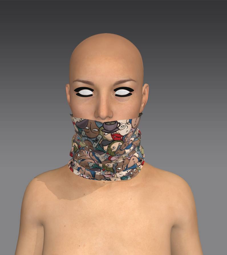 A digital mannequin wearing a colorful neck gaiter with a pattern of cartoon faces. The front view of the mannequin shows the details of the abstract face designs wrapping around the neck.