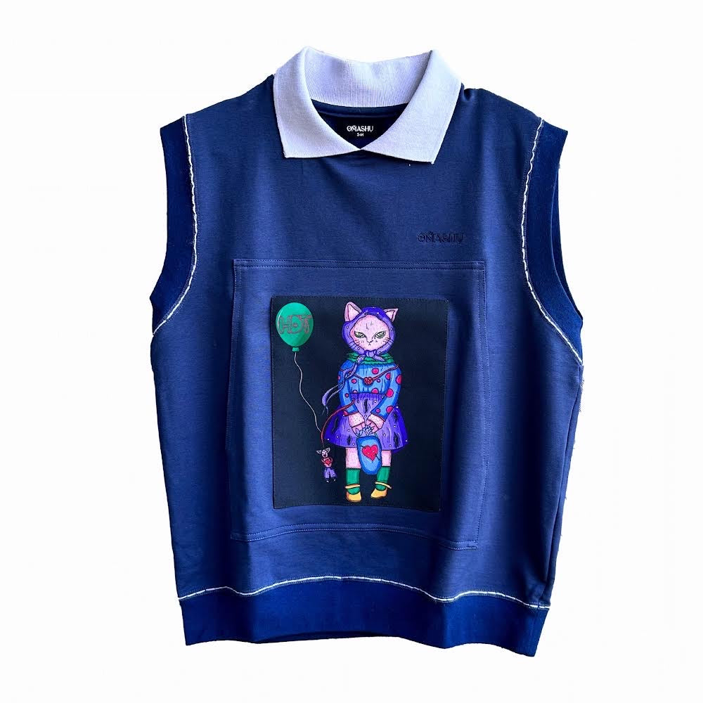  A sleeveless navy vest featuring a whimsical, cartoonish cat in a purple hoodie holding a green balloon. The design highlights quirky fashion and bold, playful statement clothing.