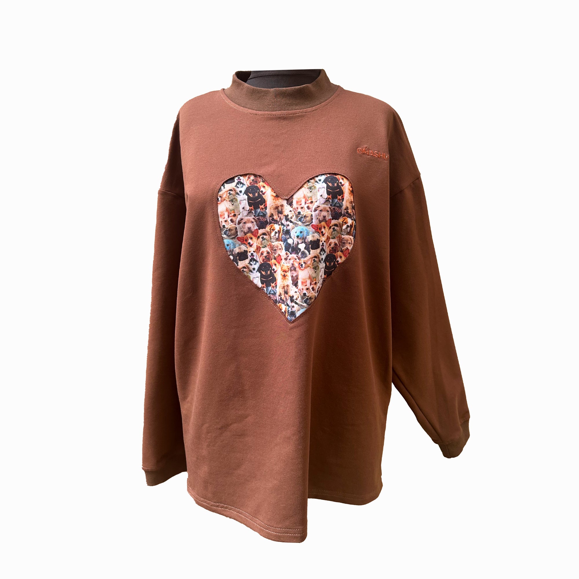 OMASHU shirt with heart cut out in the middle that is fillied with dogs, sweayshirt is brown