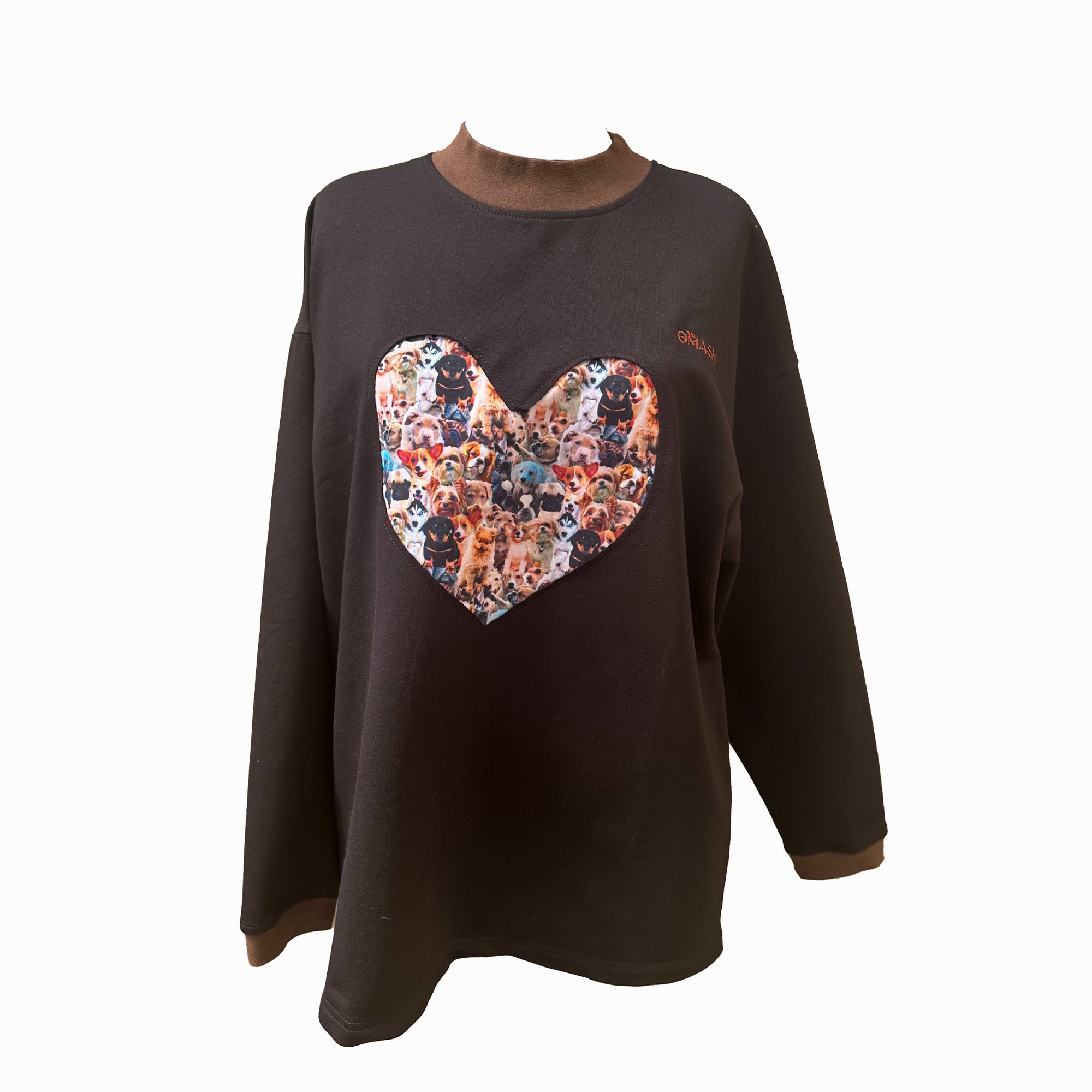 This sweatshirt features a heart-shaped cutout filled with images of dogs, swaetshirt is black