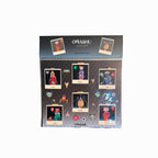 a display board titled "OMASHU Polaroids - dogs and cats edition," featuring several cartoon-style Polaroid images of animals. Each Polaroid frame has a different dog or cat character with names like "Kittie," "Dodo," "Toby," "Mochi," "Jiyah," and "Torin." The characters are adorned with various accessories, including balloons, flowers, and other small whimsical elements like bugs and icons around them. The color scheme is vibrant, and the layout presents each character in a creative, artistic style with in
