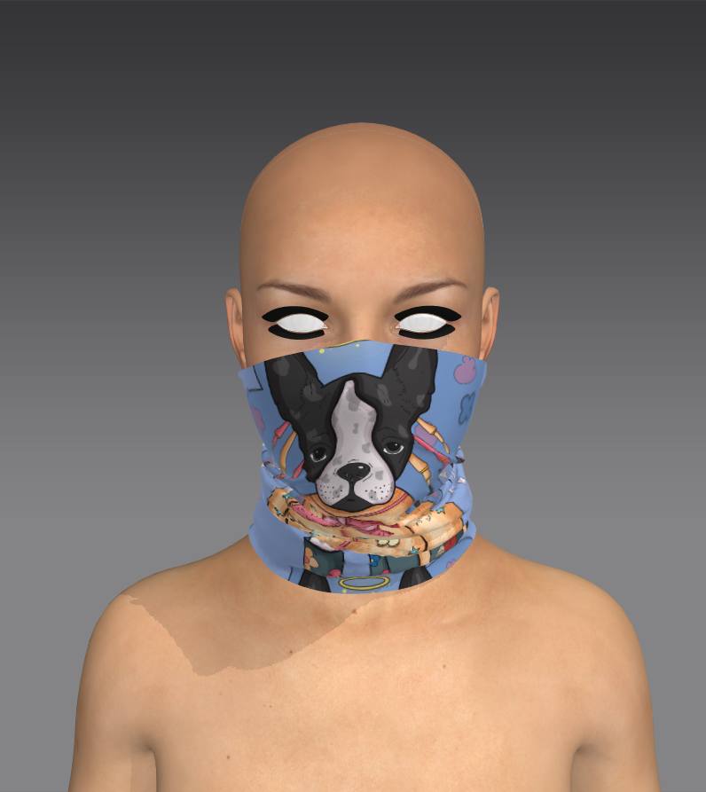 A digital mannequin wearing a neck gaiter featuring a French Bulldog illustration. The dog is dressed in a pink coat adorned with stars and bunnies, and the gaiter wraps around the mannequin's neck, showcasing the vibrant design.