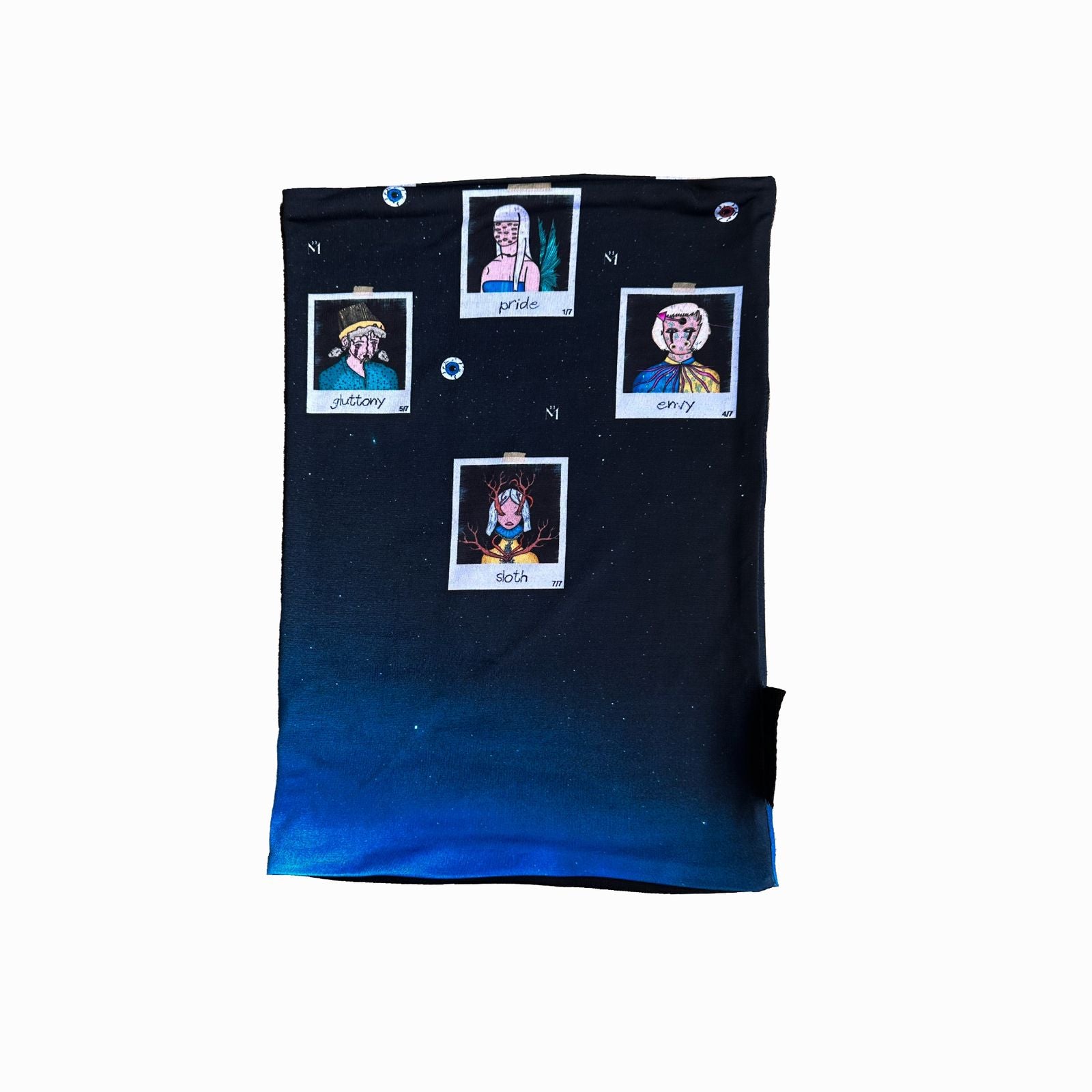 A rectangular fabric displaying Polaroid-style illustrations of characters representing different sins: Pride, Envy, Gluttony, and Sloth. The images are set against a dark background with a gradient from black to blue, creating a mystical and artistic aesthetic.