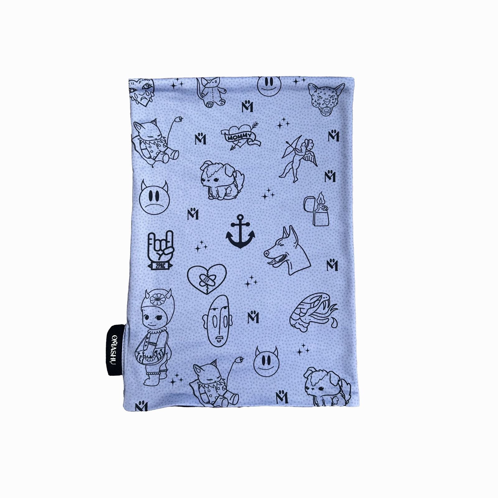 A light gray rectangular fabric showcasing various quirky black line-drawn illustrations, including a heart with "Mommy," a dog, an anchor, and other playful characters. The drawings are spaced evenly, adding a fun and artistic vibe.