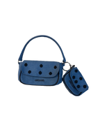 Omashu Nina Loop Dot Bag in blue cotton, showing the main shoulder bag and detachable smaller pouch, both featuring black dot embellishments and OMASHU logo, connected by a silver O-ring.