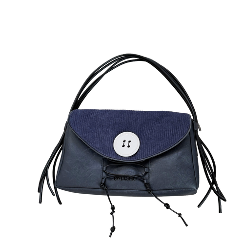 Blue handbag with black straps on a white background
