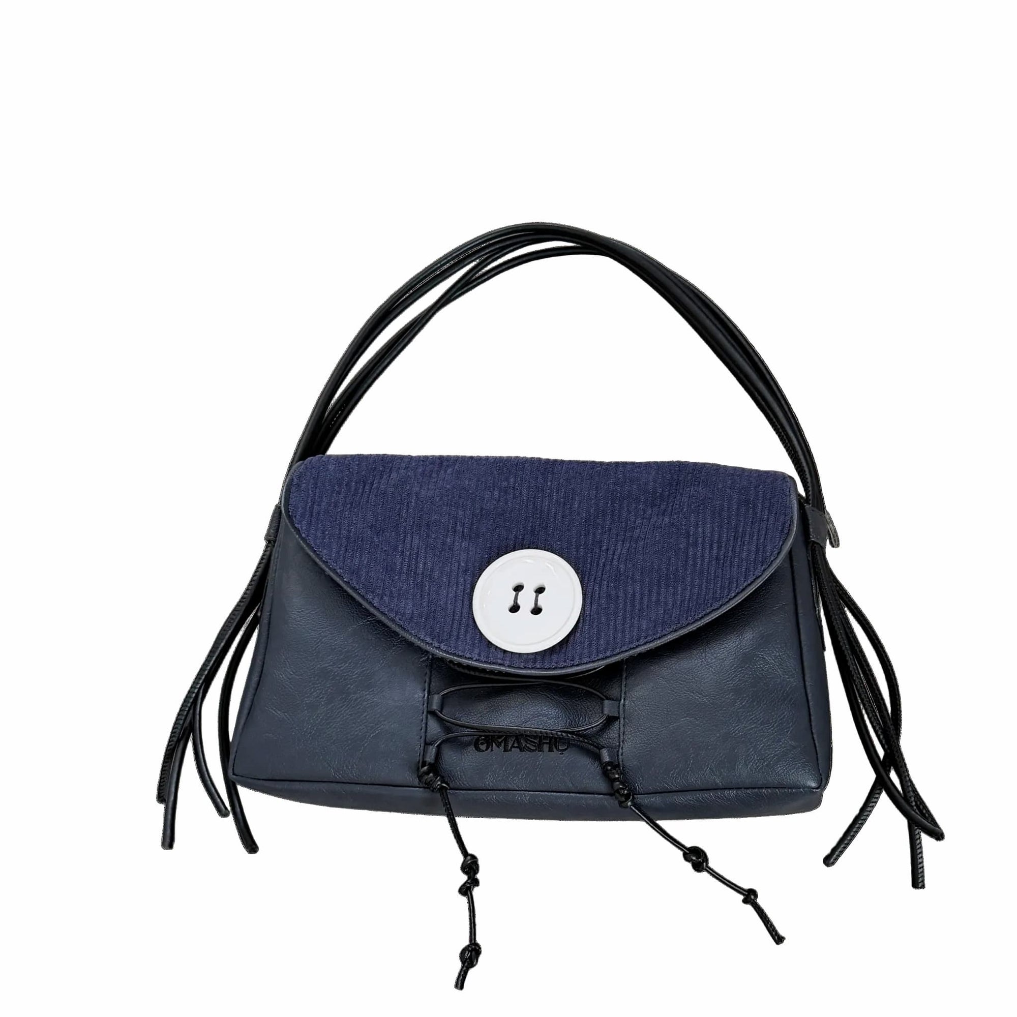 Blue handbag with black straps on a white background