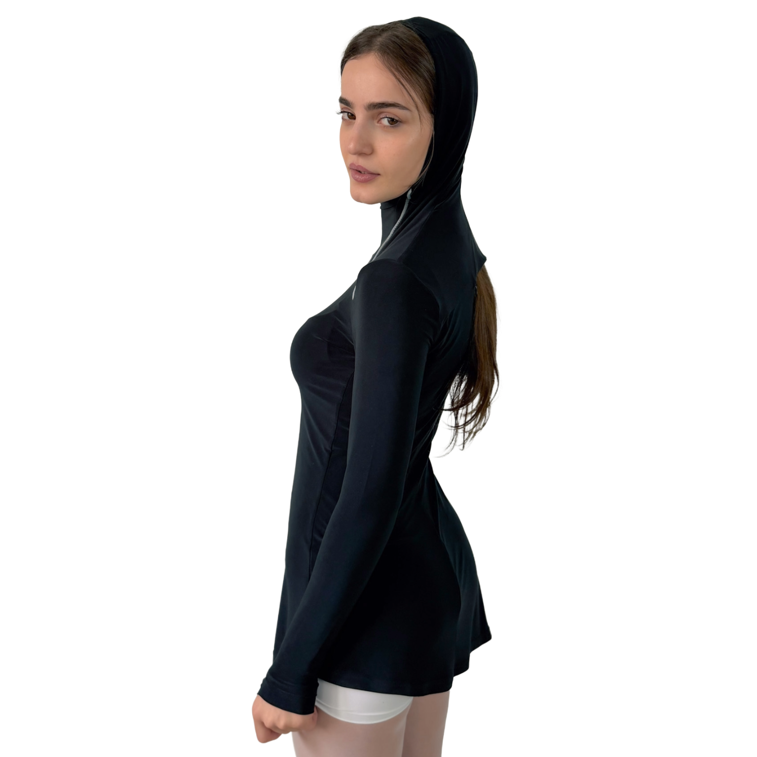 Woman wearing a black hooded top on a white background