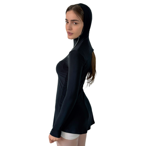 Woman wearing a black hooded top on a white background