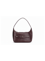 Burgundy faux leather handbag on a white background