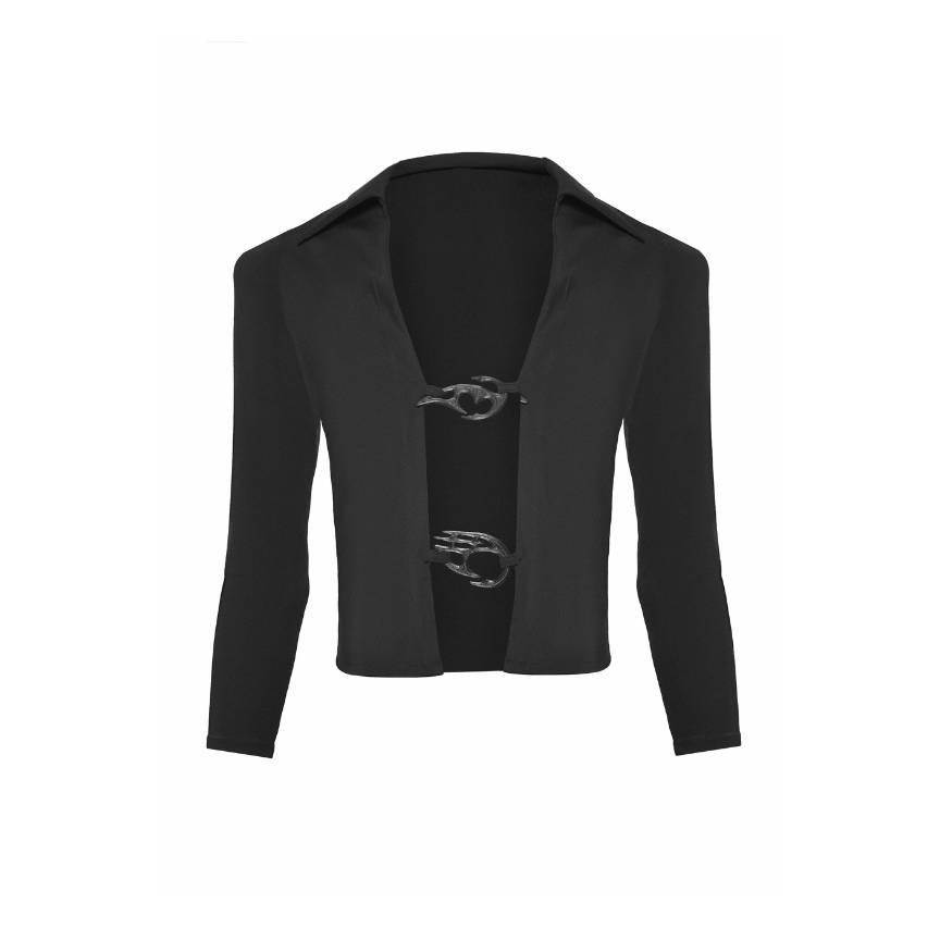 Black cropped blazer on a white background