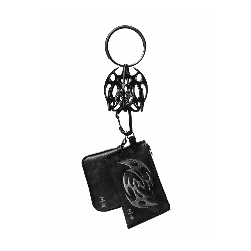 Black keychain with wallet attached on a white background
