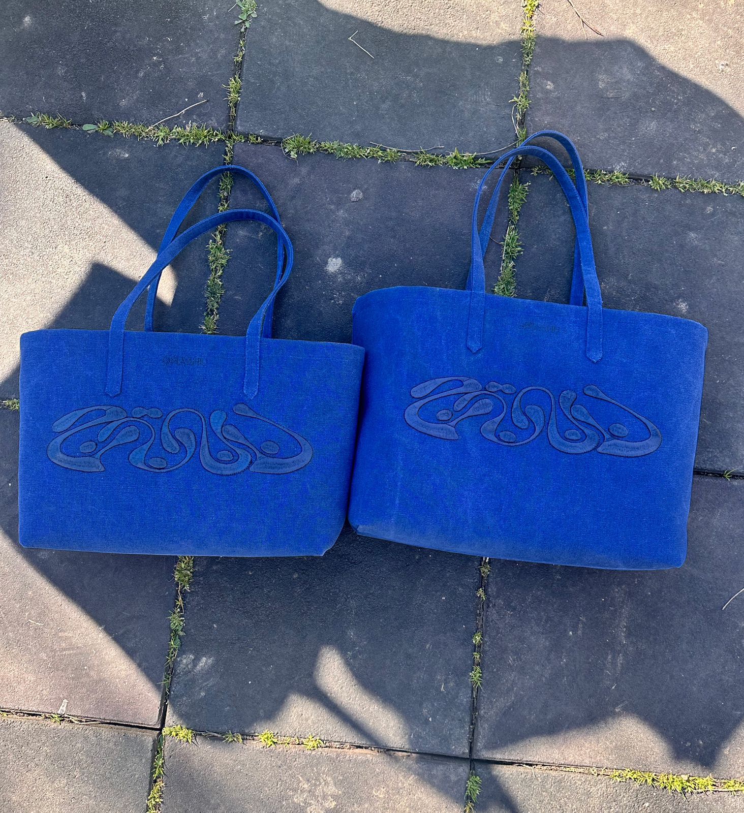 Two blue tote bags small and large with intricate designs are placed side by side on a paved surface, showcasing their symmetrical and artistic style in an outdoor setting.