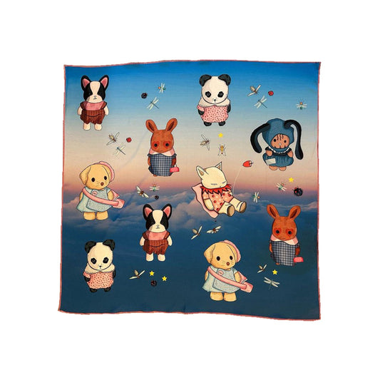 Square silk scarf featuring adorable illustrated animal characters including a dog, rabbit, panda, and fox, with a background of a dreamy sky. Perfect for adding a playful touch to any outfit. Ideal for fans of cute animal designs.