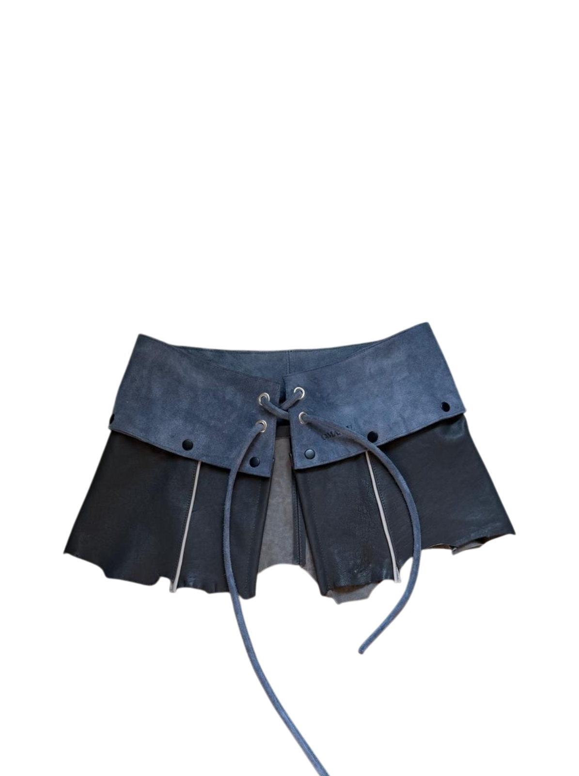 A dark blue leather skirt with a wide waistband, lace-up front, and layered flaps, shown against a plain white background.