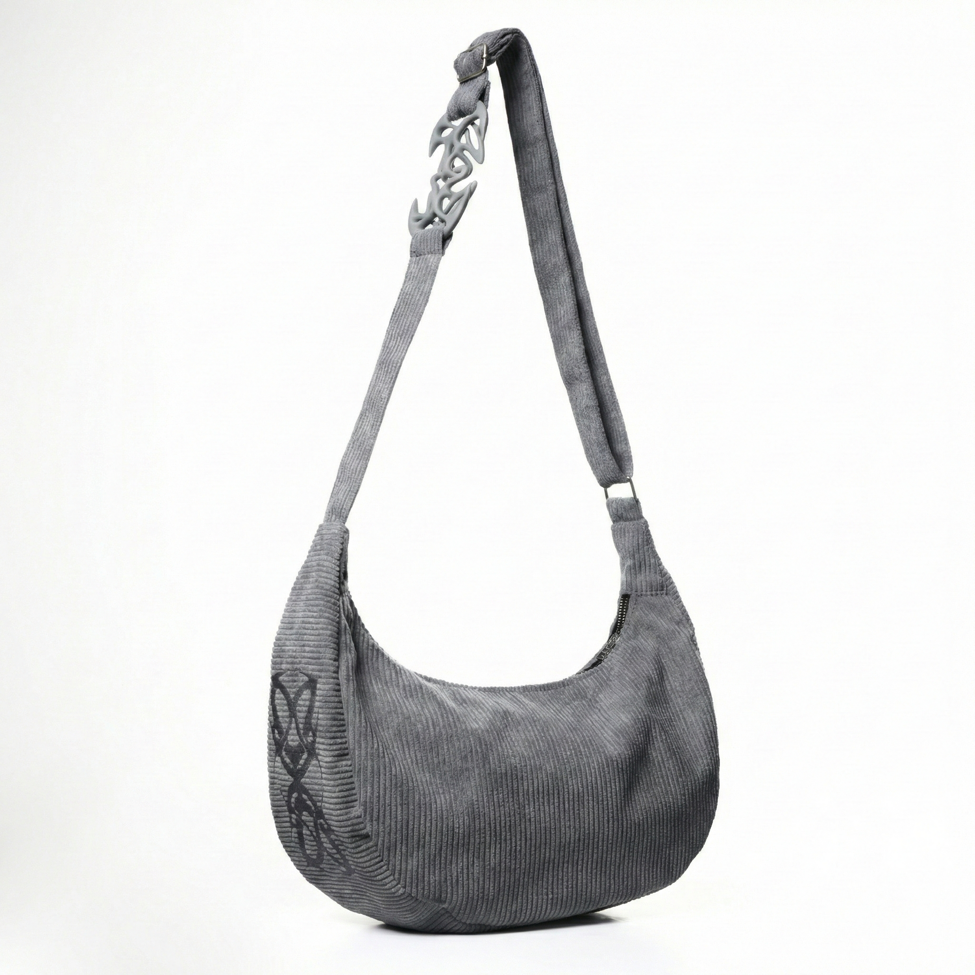 Gray shoulder bag with decorative handle on a white background
