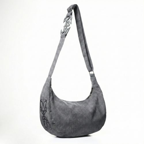Gray shoulder bag with decorative handle on a white background