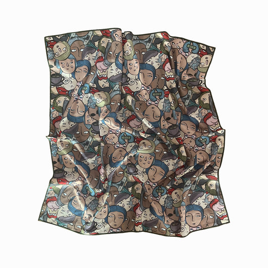 Cartoon pattern crumpled paper with various cartoon characters in brown, blue, red, and green.