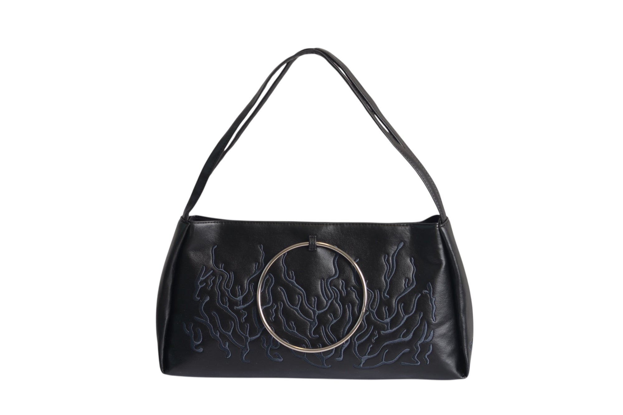Black bag features a circular and wavy metallic embellishment on the front. Made from faux leather material.