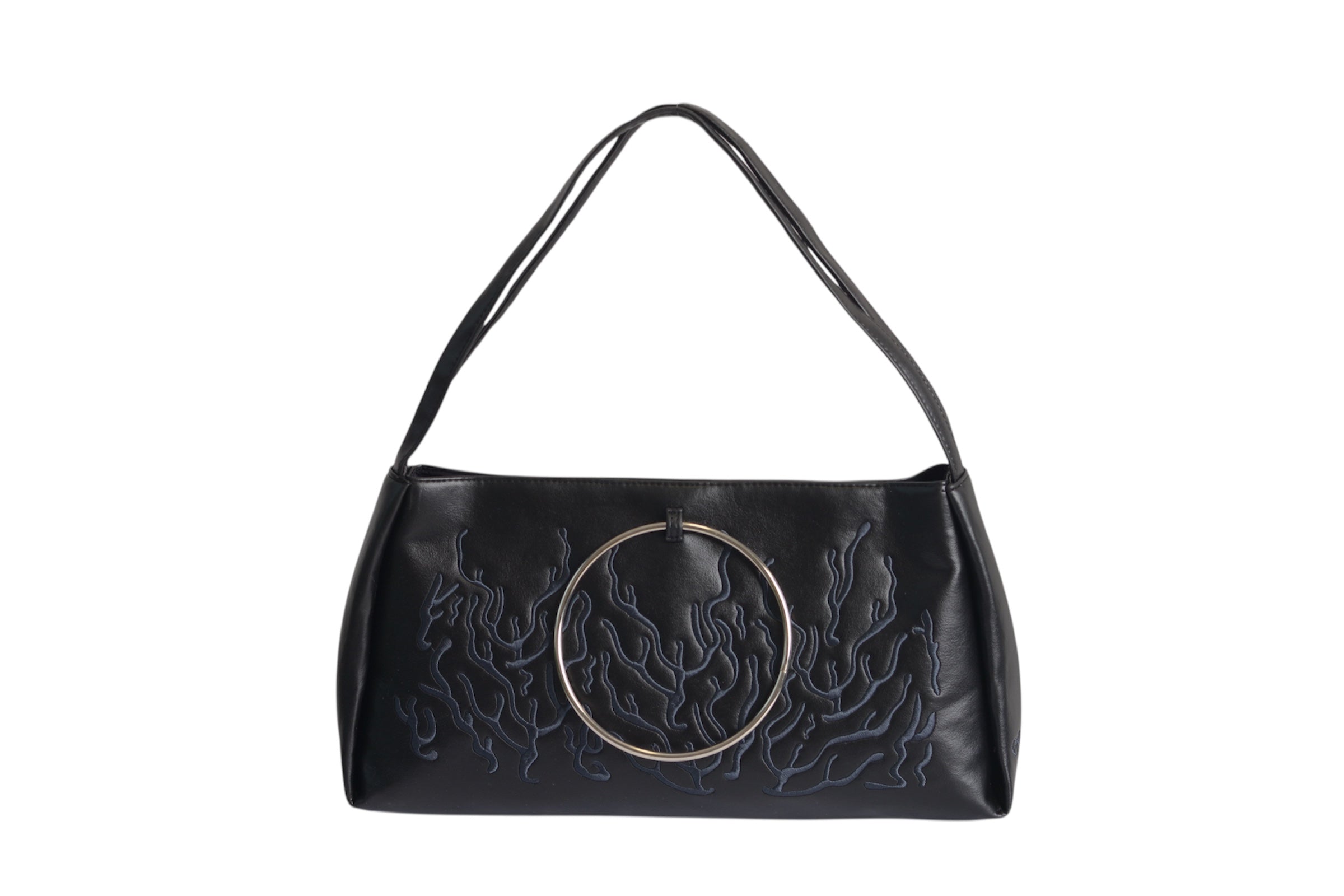 Black bag features a circular and wavy metallic embellishment on the front. Made from faux leather material.