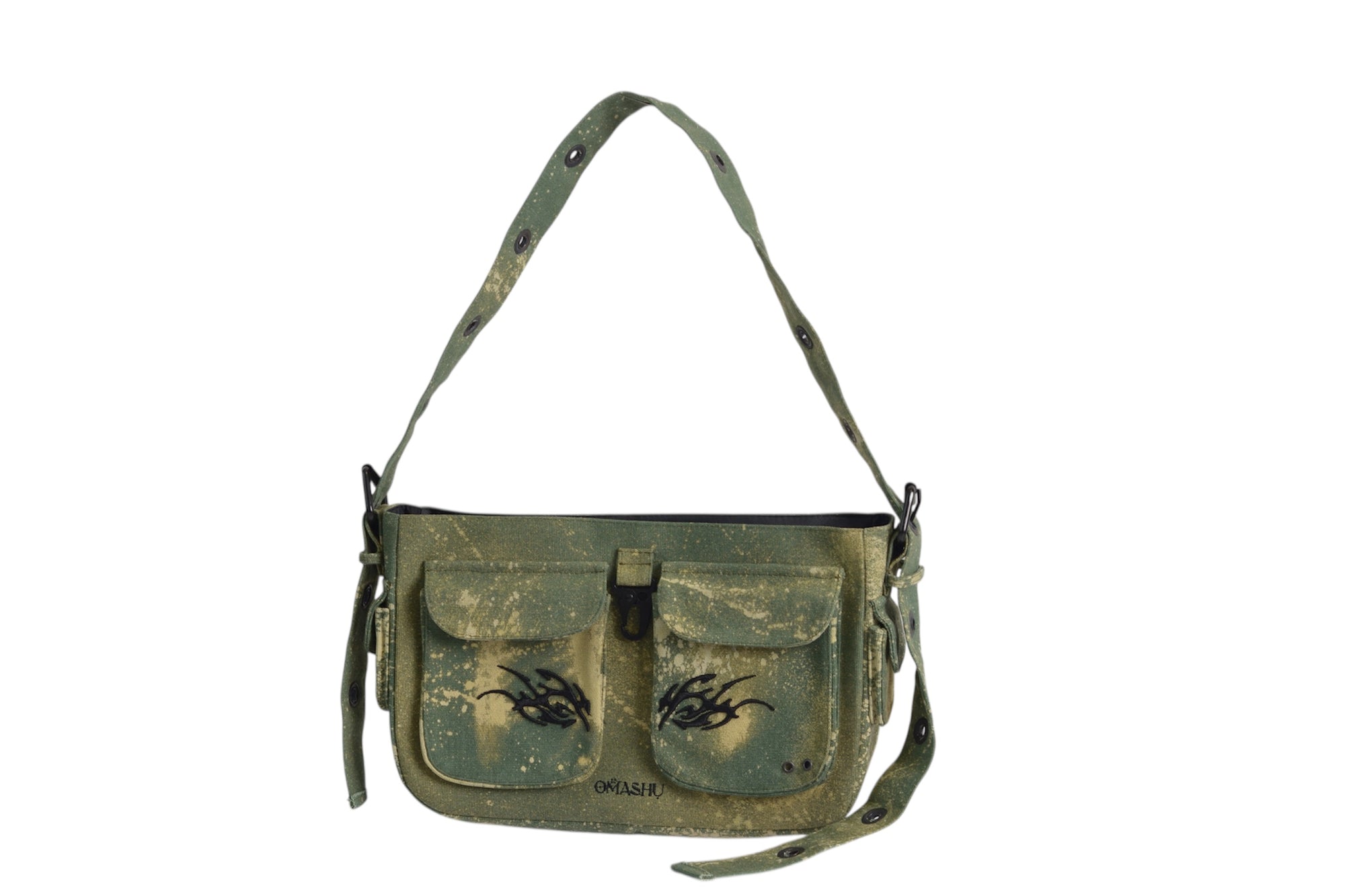 bag in tyedye green on a white background