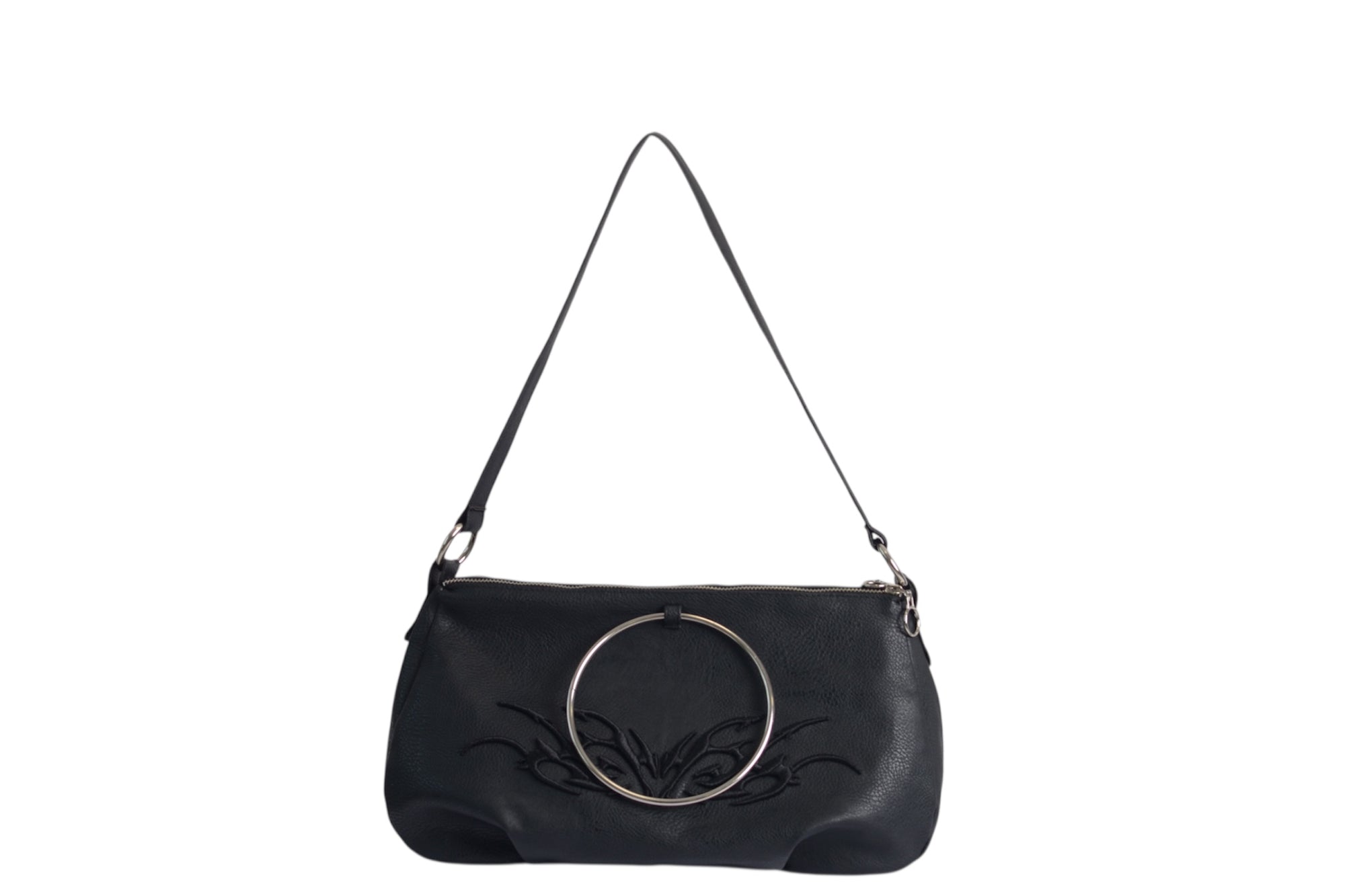Omashu Anya black faux leather shoulder bag with large silver-tone ring detail and tonal embroidery, front view.