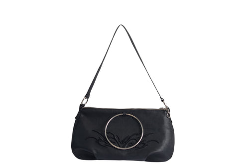 Omashu Anya black faux leather shoulder bag with large silver-tone ring detail and tonal embroidery, front view.