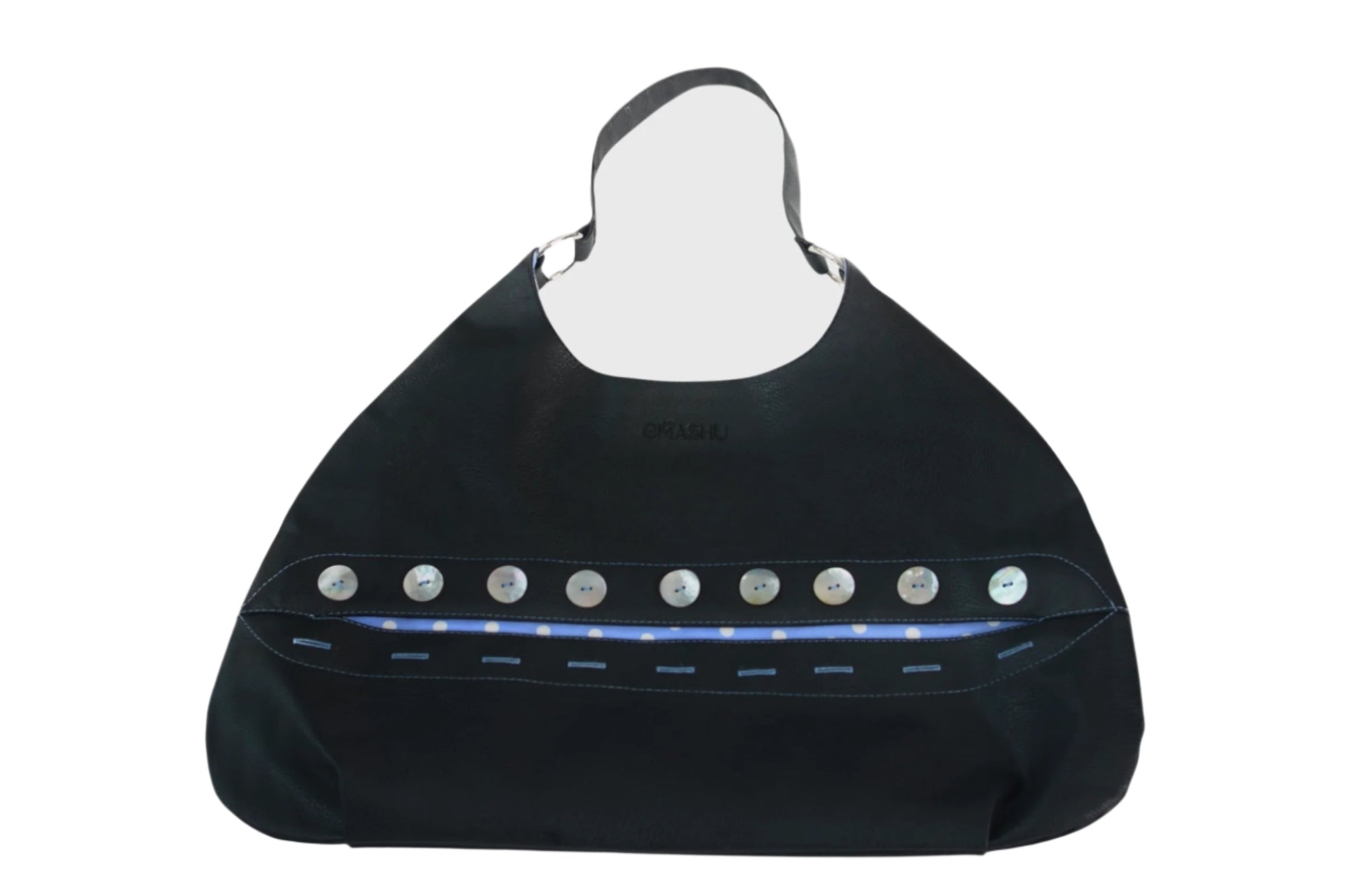 Omashu Sylvie black faux leather shoulder bag with a horizontal row of lustrous buttons revealing a blue and white polka dot lining accent, front view.