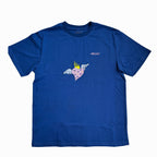a blue t-shirt with graphic design on the chest area features a heart with wings and flames on its head. The crew neck style with short sleeves. The brand of the t-shirt is “Omashu”, which is written in small white letters on the back of the neck and on chest.